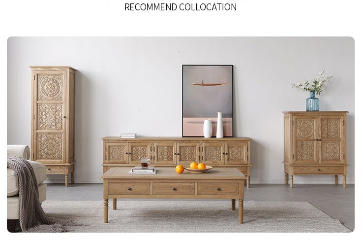 Buffet marocain français GENESIS en bois massif sculpté rétro, meuble console TV 