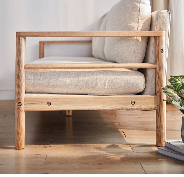 Canapé GRACE en bois massif au design nordique japonais (6 tailles au choix, 8 couleurs de tissu au choix)