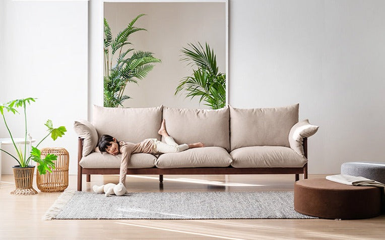 Canapé GRACE en bois massif au design nordique japonais (6 tailles au choix, 8 couleurs de tissu au choix)