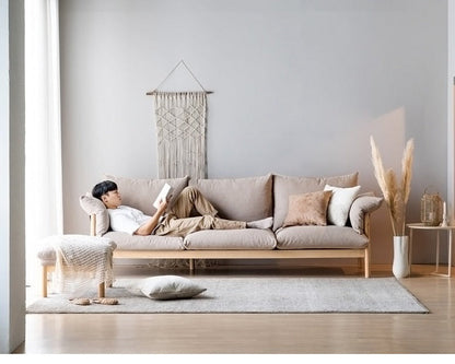 Canapé GRACE en bois massif au design nordique japonais (6 tailles au choix, 8 couleurs de tissu au choix)