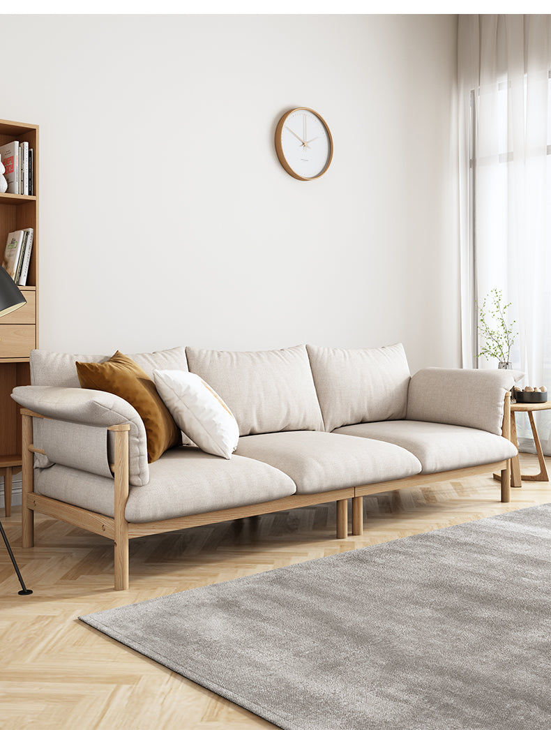 Canapé GRACE en bois massif au design nordique japonais (6 tailles au choix, 8 couleurs de tissu au choix)