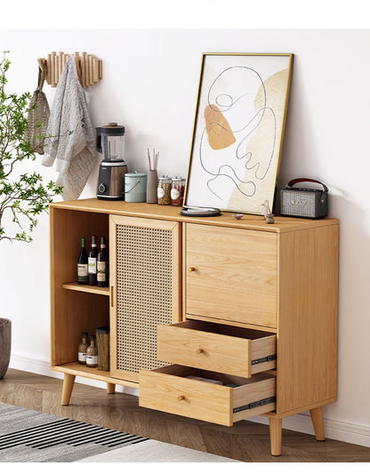 Buffet HAILEY en rotin avec portes coulissantes, style côtier et insulaire, en bois massif (2 couleurs, 2 tailles)