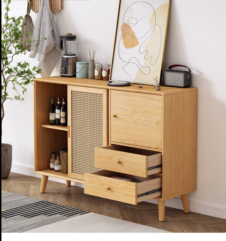 Buffet HAILEY en rotin avec portes coulissantes, style côtier et insulaire, en bois massif (2 couleurs, 2 tailles)