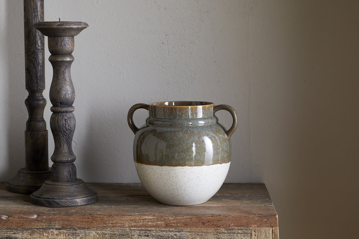Vase à glaçure réactive Inha - Olive foncé et naturel