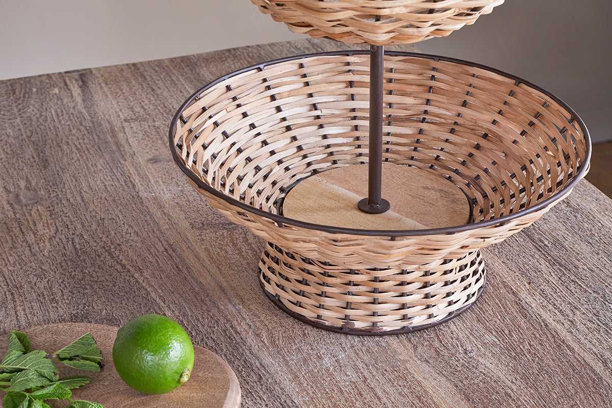 Présentoir à fruits Montali en rotin à 2 niveaux - Noir et naturel