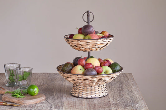 Présentoir à fruits Montali en rotin à 2 niveaux - Noir et naturel