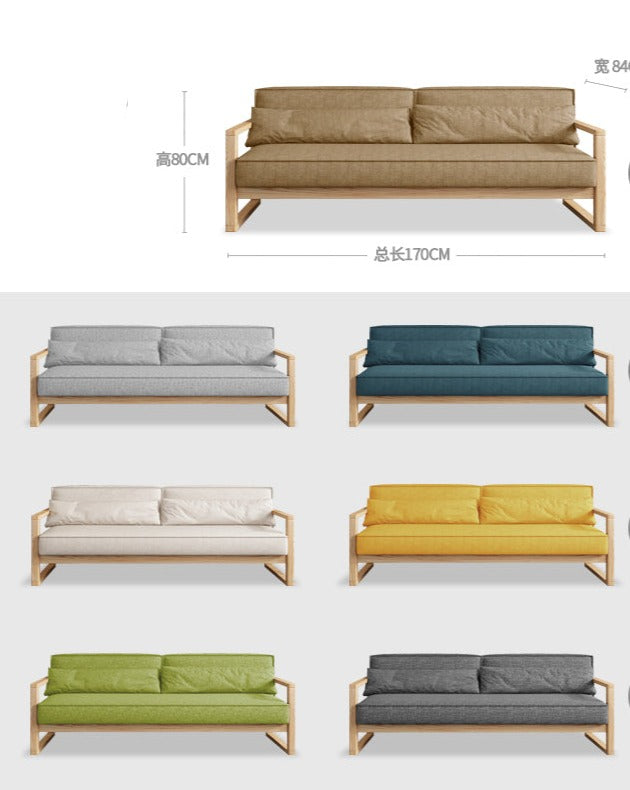 Canapé scandinave CHLOE en bois dur américain de style japonais (choix de 5 tailles, 7 couleurs de tissu, structure noyer, naturel, noir)