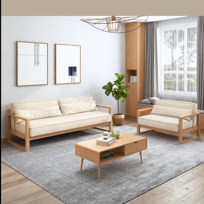 Canapé scandinave CHLOE en bois dur américain de style japonais (choix de 5 tailles, 7 couleurs de tissu, structure noyer, naturel, noir)