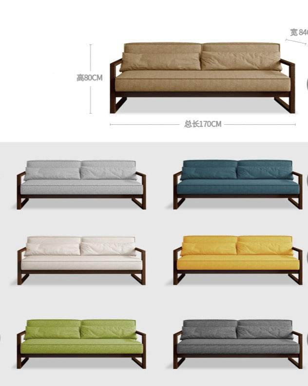 Canapé scandinave CHLOE en bois dur américain de style japonais (choix de 5 tailles, 7 couleurs de tissu, structure noyer, naturel, noir)