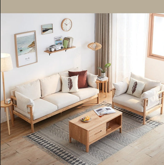 Canapé GRACE en bois massif au design nordique japonais (6 tailles au choix, 8 couleurs de tissu au choix)