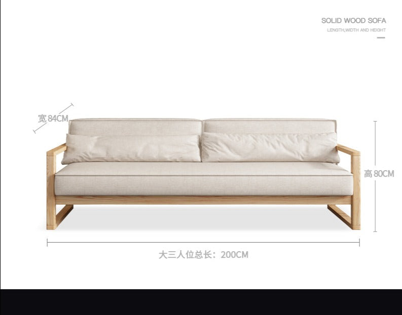 Canapé scandinave CHLOE en bois dur américain de style japonais (choix de 5 tailles, 7 couleurs de tissu, structure noyer, naturel, noir)