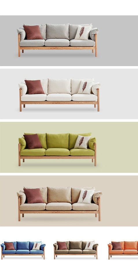 Canapé GRACE en bois massif au design nordique japonais (6 tailles au choix, 8 couleurs de tissu au choix)