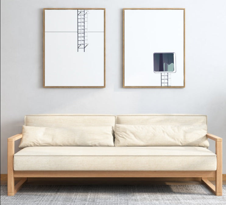 Canapé scandinave CHLOE en bois dur américain de style japonais (choix de 5 tailles, 7 couleurs de tissu, structure noyer, naturel, noir)