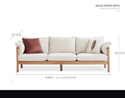 Canapé GRACE en bois massif au design nordique japonais (6 tailles au choix, 8 couleurs de tissu au choix)