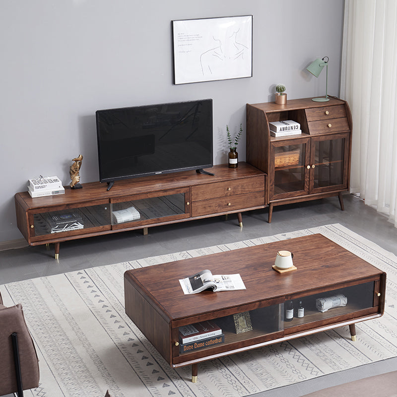 Meuble TV DOMINIC avec portes coulissantes en verre, style rétro moderne 