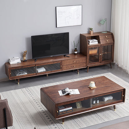 Meuble TV DOMINIC avec portes coulissantes en verre, style rétro moderne 