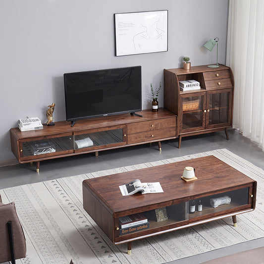 Meuble TV DOMINIC avec portes coulissantes en verre, style rétro moderne 