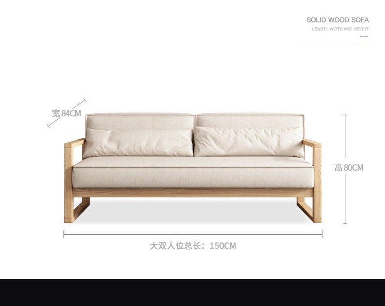 Canapé scandinave CHLOE en bois dur américain de style japonais (choix de 5 tailles, 7 couleurs de tissu, structure noyer, naturel, noir)