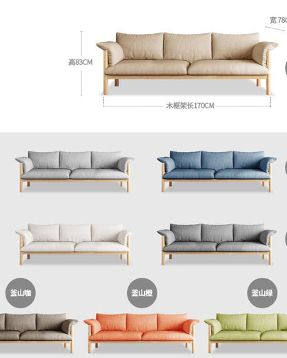 Canapé GRACE en bois massif au design nordique japonais (6 tailles au choix, 8 couleurs de tissu au choix)