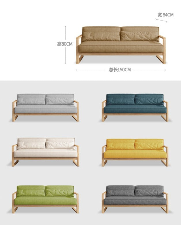 Canapé scandinave CHLOE en bois dur américain de style japonais (choix de 5 tailles, 7 couleurs de tissu, structure noyer, naturel, noir)
