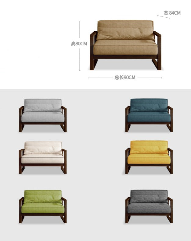 Canapé scandinave CHLOE en bois dur américain de style japonais (choix de 5 tailles, 7 couleurs de tissu, structure noyer, naturel, noir)