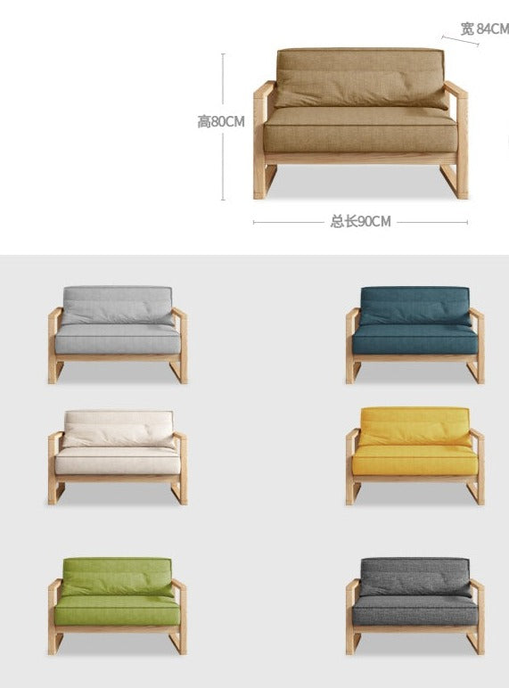 Canapé scandinave CHLOE en bois dur américain de style japonais (choix de 5 tailles, 7 couleurs de tissu, structure noyer, naturel, noir)