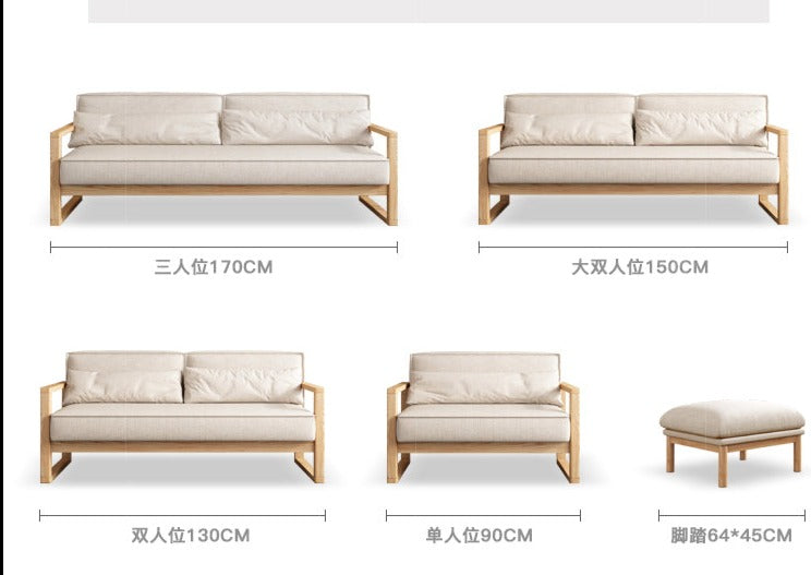 Canapé scandinave CHLOE en bois dur américain de style japonais (choix de 5 tailles, 7 couleurs de tissu, structure noyer, naturel, noir)