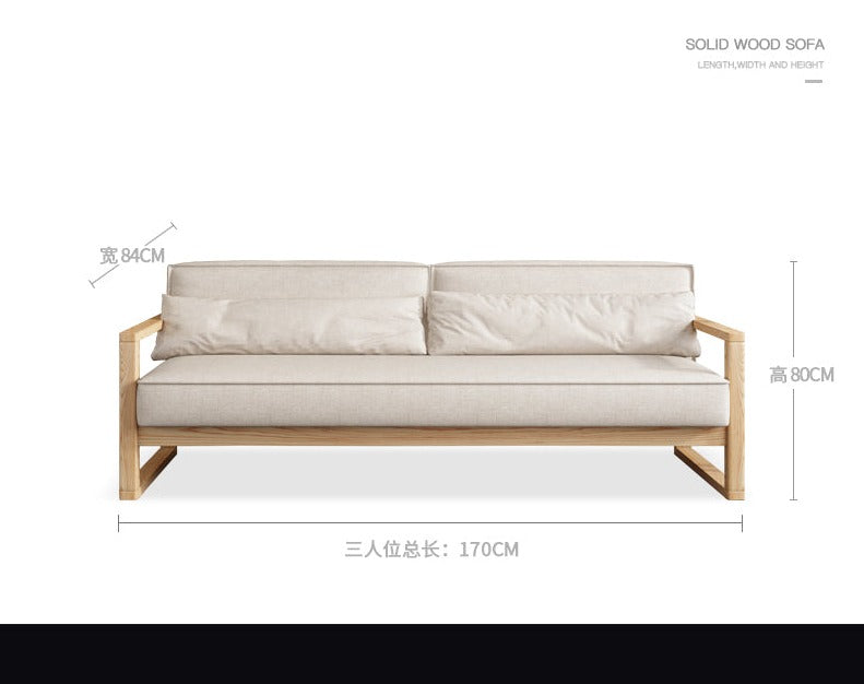 Canapé scandinave CHLOE en bois dur américain de style japonais (choix de 5 tailles, 7 couleurs de tissu, structure noyer, naturel, noir)