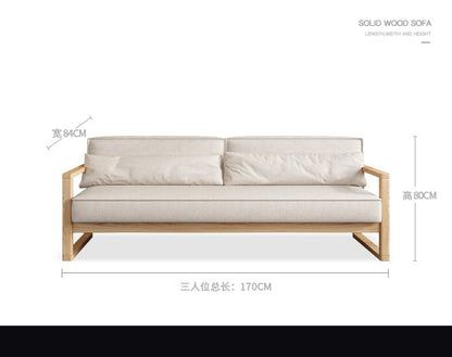 Canapé scandinave CHLOE en bois dur américain de style japonais (choix de 5 tailles, 7 couleurs de tissu, structure noyer, naturel, noir)