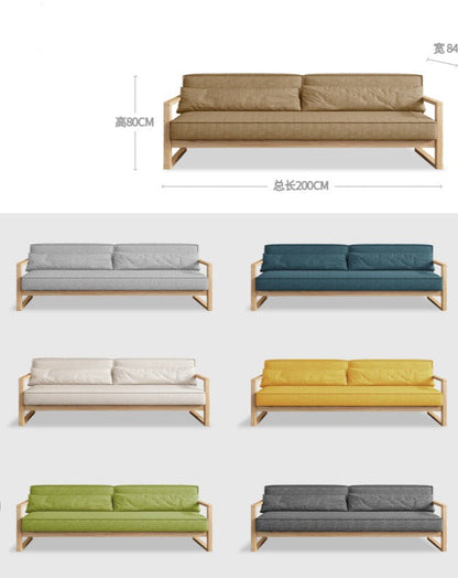 Canapé scandinave CHLOE en bois dur américain de style japonais (choix de 5 tailles, 7 couleurs de tissu, structure noyer, naturel, noir)