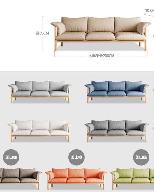 Canapé GRACE en bois massif au design nordique japonais (6 tailles au choix, 8 couleurs de tissu au choix)