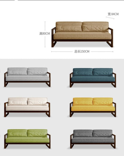 Canapé scandinave CHLOE en bois dur américain de style japonais (choix de 5 tailles, 7 couleurs de tissu, structure noyer, naturel, noir)