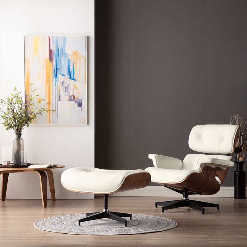 Fauteuil de salon en cuir Lomas avec pouf