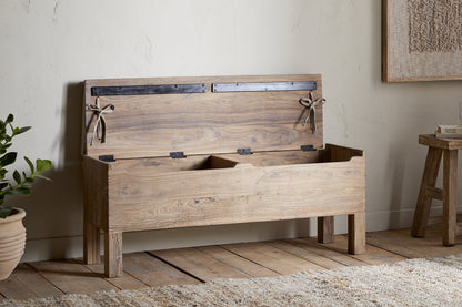 Banc de rangement Teni en bois recyclé avec coussin en lin rembourré - Naturel