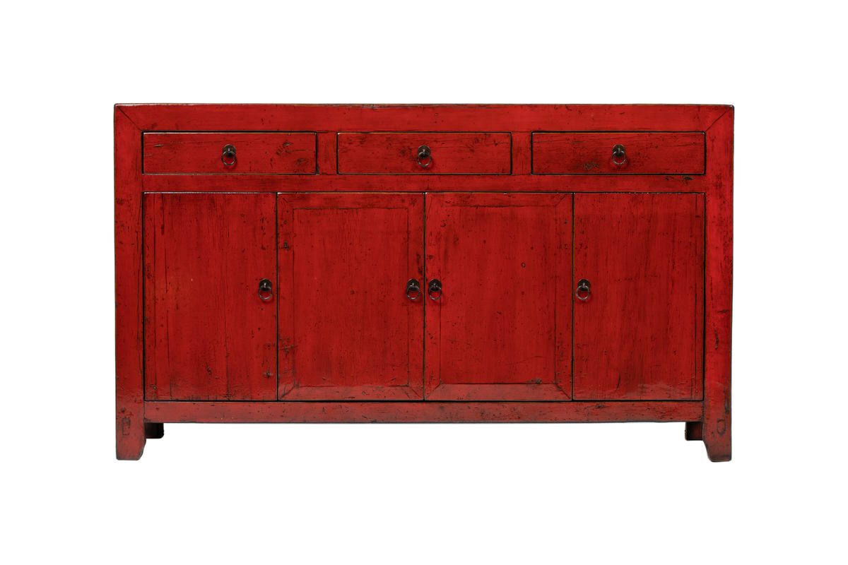 Buffet Dongbei rouge vintage Liu à 3 tiroirs et 4 portes