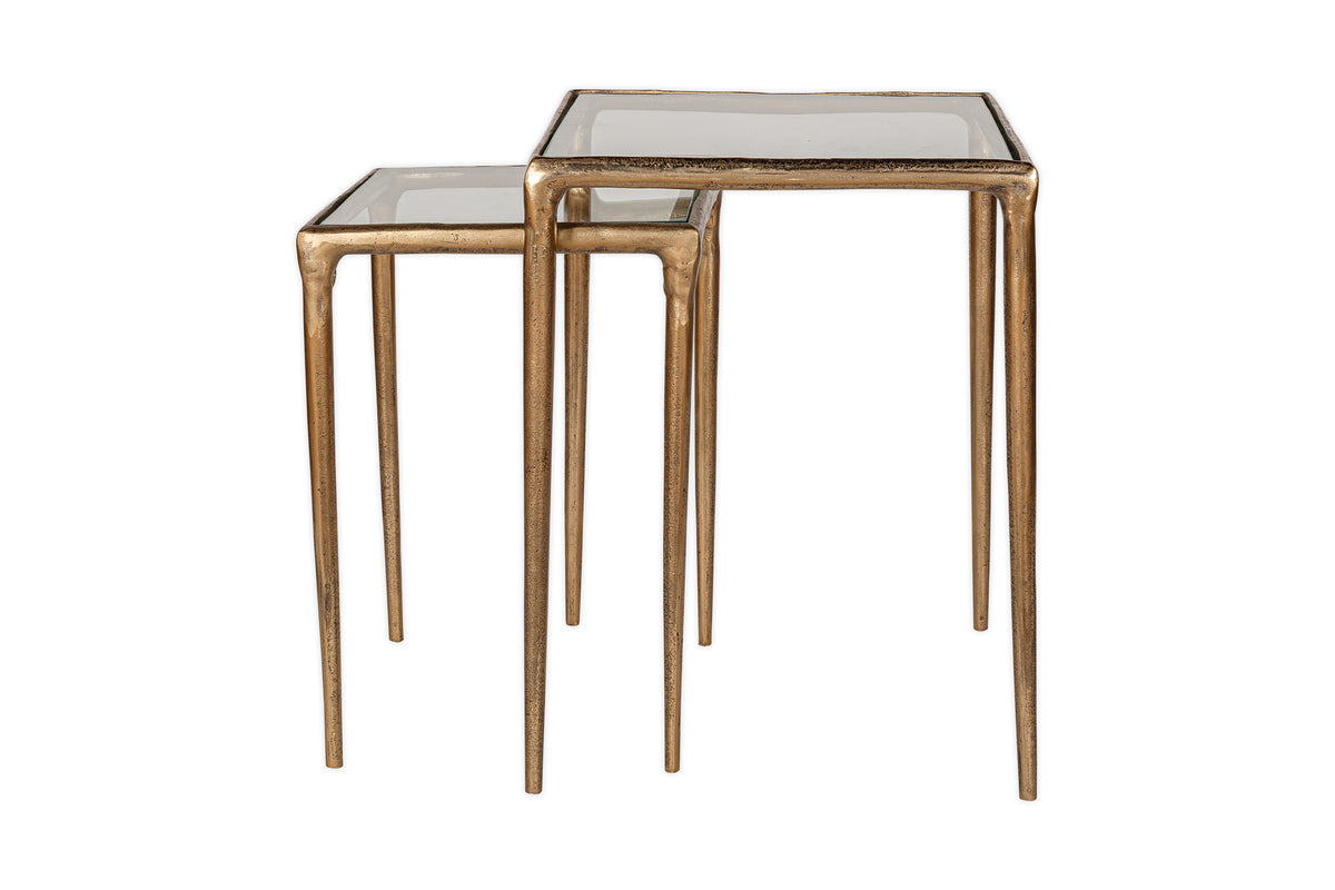 Tables d'appoint gigognes Gilasi en métal moulé et verre – Laiton antique (lot de 2)