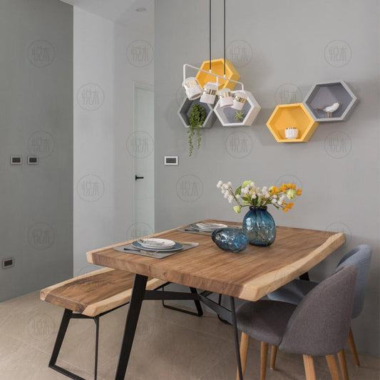 Ensemble de table à manger et chaises en bois massif AVERY, design acacia suar