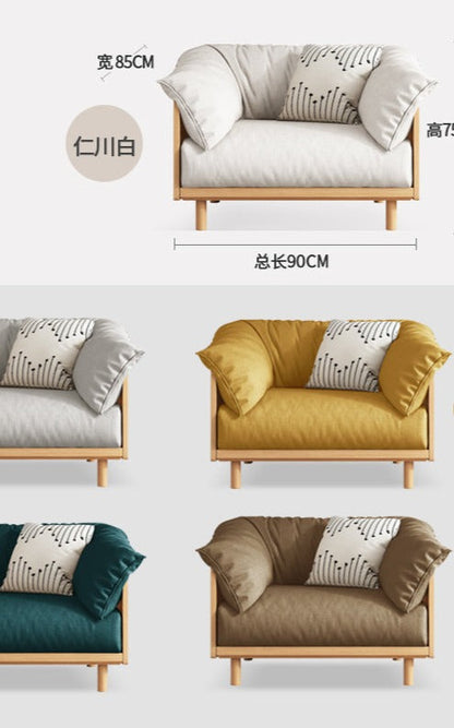 Canapé scandinave ELLIE de style nordique japonais, structure entièrement en bois, de 90 à 260 cm (1, 2 ou 3 places, choix de 6 tailles, 5 couleurs)