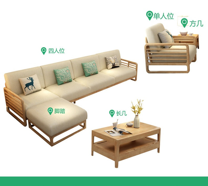 Canapé scandinave de luxe ARIA en bois massif de style nordique (couleur noyer/naturel, ensemble de 10 combinaisons)