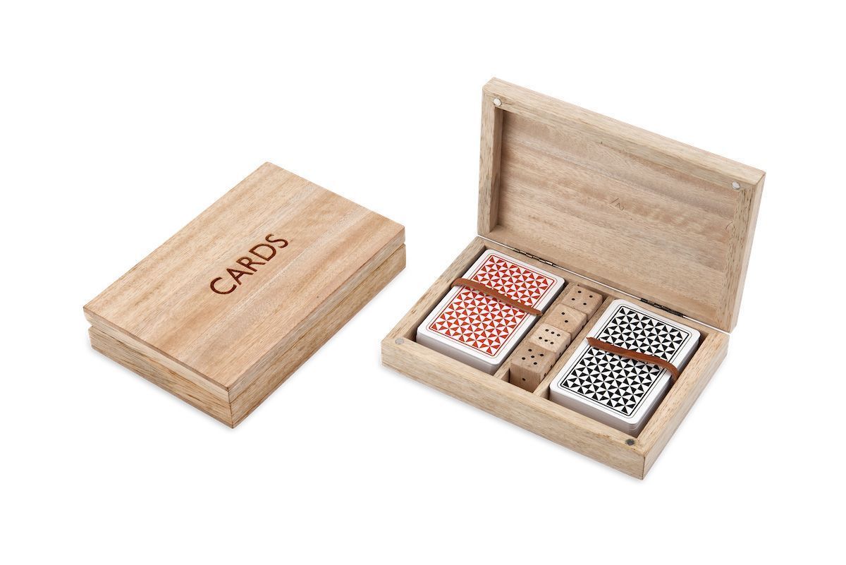 Ensemble de cartes et de dés en bois de manguier